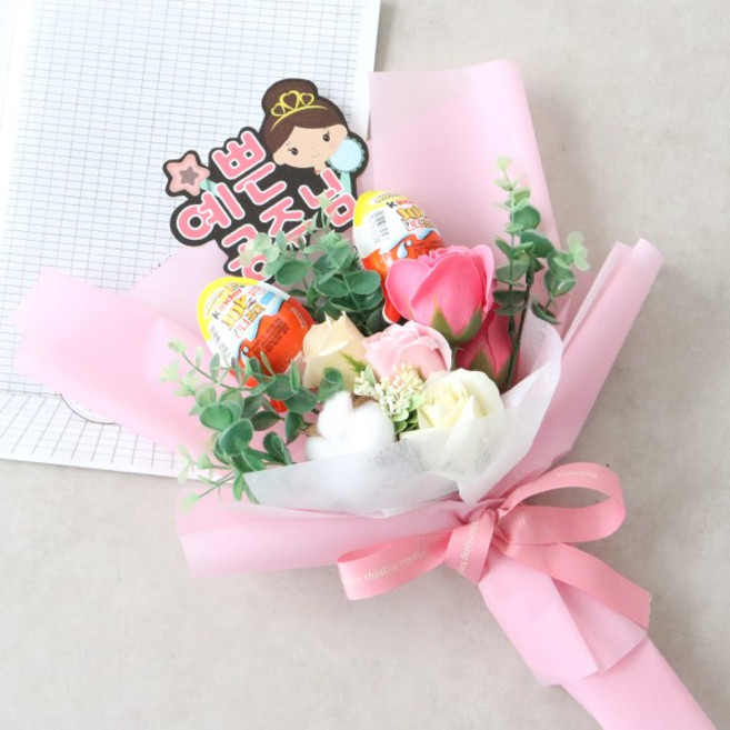 모리앤 킨더조이 목화비누꽃다발 투명쇼핑백 조명증정 문구스티커포함, 핑크_예쁜공주님