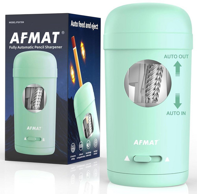 AFMAT 매트 전동 연필깎이 7-8mm 연필 및 색연필용 완전 자동 입력 출력 교실/가정/사무실용 충전식 수직 핸즈프리 연필깎이 PSX7(베이지) 125451, 초록색, 초록색