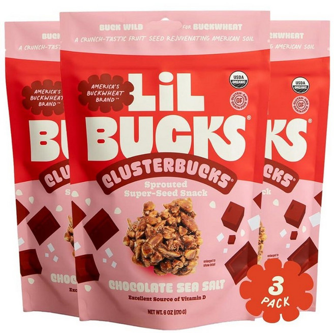 Lil Bucks Clusterbucks 슈퍼푸드 클러스터 - 곡물 프리 케토 친화적인 그래놀라 재생성 발아 메밀 글루텐 저탄수화물 유기농 건강 스낵 170g6온스 6팩, 6 Ounce (Pack of 3), 초콜릿 씨 소금
