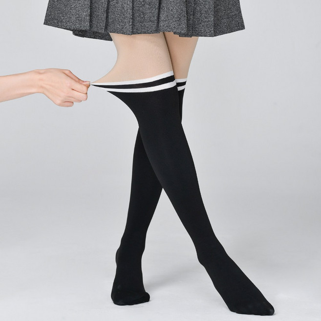 베일리화이트 기모 투톤 링클 여성 골프스타킹 300D, 1개, 블랙