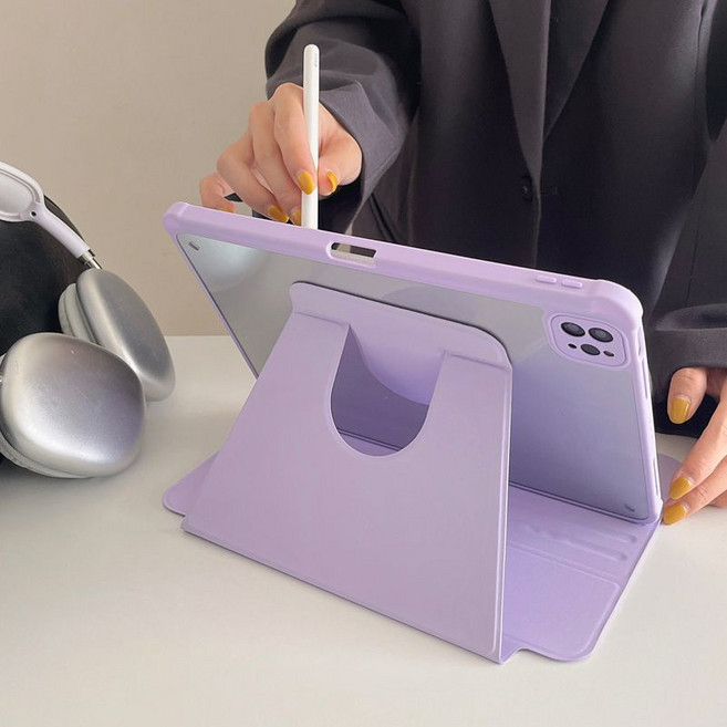 旋轉支架平板殼 平板保護套 可自動休眠 星雲紫平板殼 適用於 ipad 12代 10代 11代 A16 11吋, 亞克力旋轉書本款-淺紫, 1個