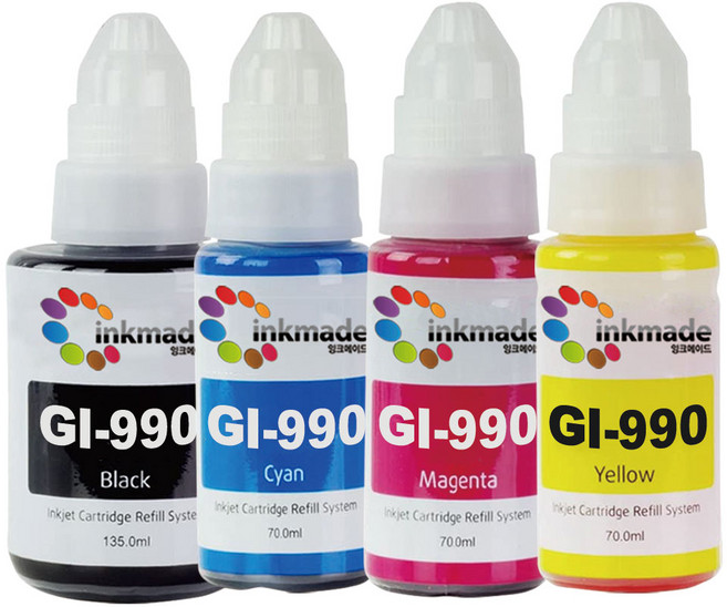 캐논 GI-990 호환잉크 4색세트 G3910 G3900 G2900 G4900 G2910 G3915 G3100 G1900 G4902 G4910 G1910 리필, 1세트