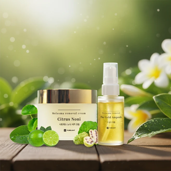 PURELIGHT 퓨어라이트 기미 스킨케어 세트 [시트러스 노니시카 크림 50ml + 더 골드 기미 앰플 30ml], 1세트 - 쿠팡