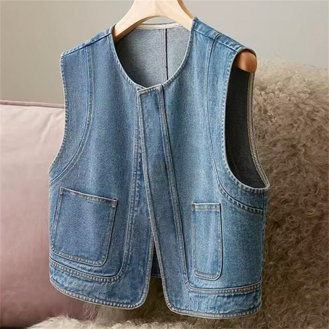 【韓版通勤】牛仔馬甲 短款馬甲 女式馬甲 無領馬甲 寬鬆馬甲 氣質外搭 春季新款 牛仔藍 疊穿必備 時尚百搭