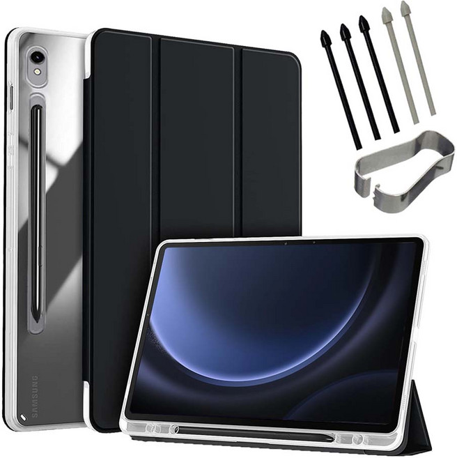 갤럭시탭 S9/S9+/S9울트라/S9 FE 플러스 호환 S펜수납 클리어 투명 북커버 케이스, 블랙, 1개