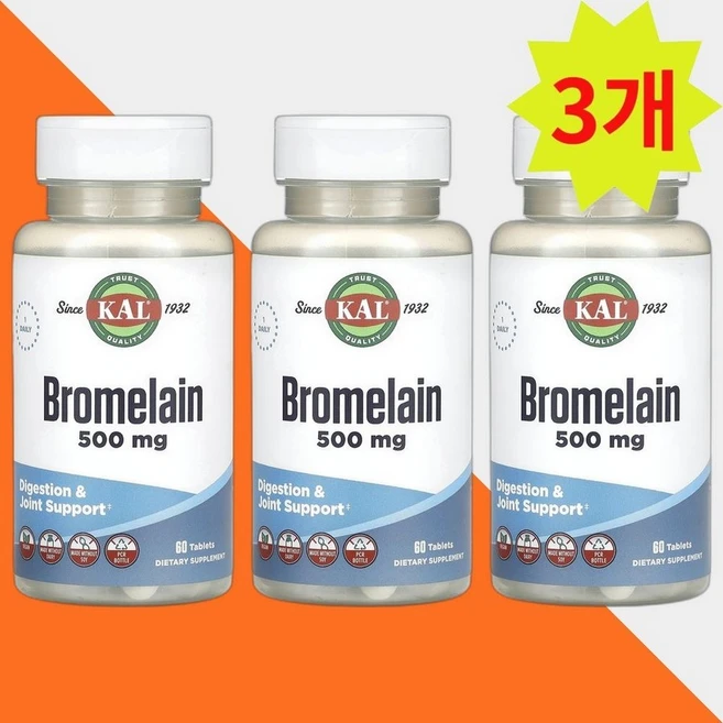 KAL 브로멜라인 500mg 60정 x 3, 3개 - 쿠팡