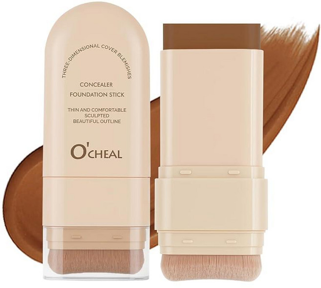 O'CHEAL 컨실러 파운데이션 스틱 2 in 1 롱래스팅 스틱 컨실러 브러시 포함 다크 서클 및 잡티를 위한 풀 커버리지 페이스 컨투어 08#옐로우 컴플렉션, 06#다크 브롬