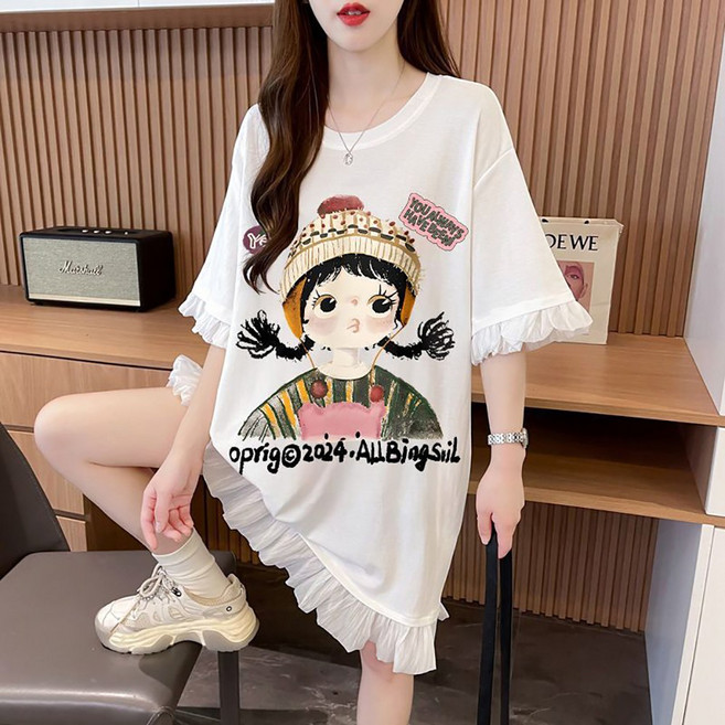 지고다그 여성용 여름용 캐릭터 프린팅 반팔 미디 원피스 라운드 루즈핏 레이어드 프릴 밑단 데일리 캐주얼 원피스 YYA0512