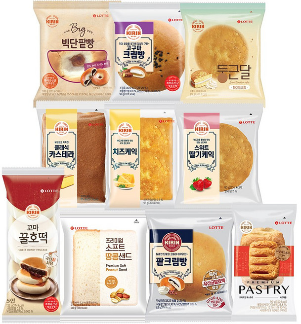 롯데 기린빵 10종 모음 프리미엄 패스츄리사각애플 고구마크림빵 땅콩샌드 치즈케익 팥크림빵 꼬마꿀호떡 카스테라 딸기케익 빅단팥빵 화이트크림빵, 1세트, 990g