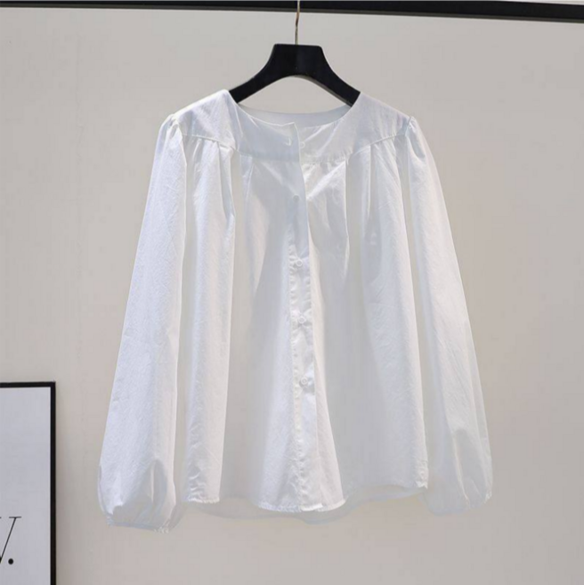 Makone 여성 라운드 벌룬소매 블라우스 루즈핏 솔리드 셔링 빅사이즈 상의 큐티