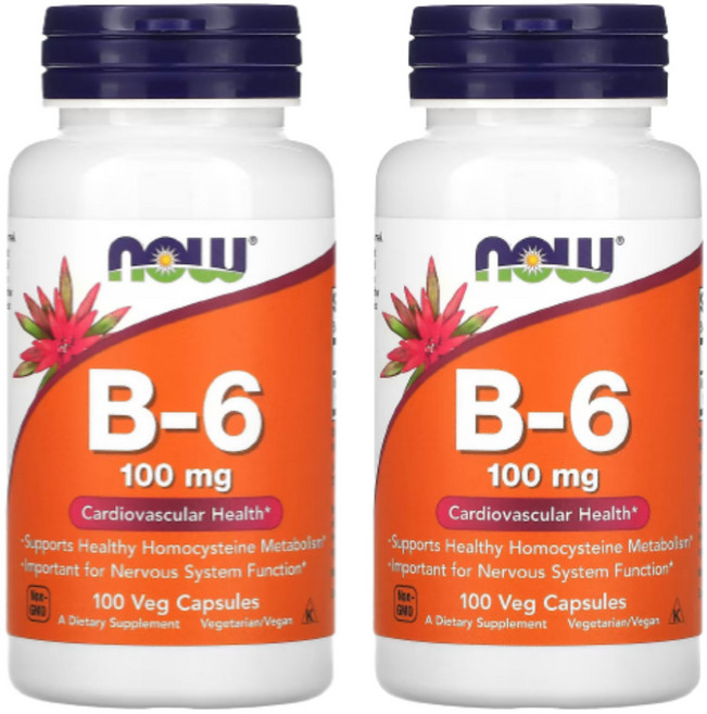 NOW Foods B-6 100mg / 비타민 B6 피리독신 / 심혈관 신경 건강 영양제, 2개, 100정
