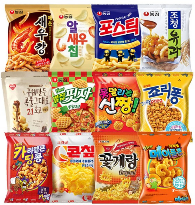 인기과자12종B세트(매운새우깡+알새우칩+포스틱+조청유과+벌집핏자+신짱+죠리퐁+카라멜콘땅콩+콘칩+꽃게랑+카라멜메이플콘+곡물21), 1세트