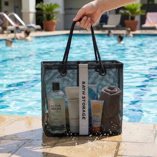 엘루온 목욕 메쉬 가방 대용량 샤워가방 헬스 수영 여행 욕실가방, 블랙