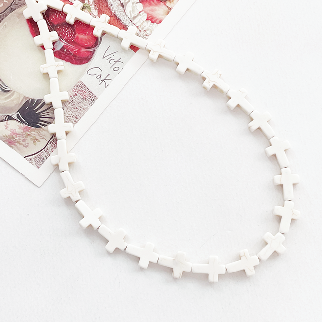 헤세드 (1줄) 천연석 십자가 직공 비즈 복음팔찌 재료 (약 24개), 아이보리, 1세트