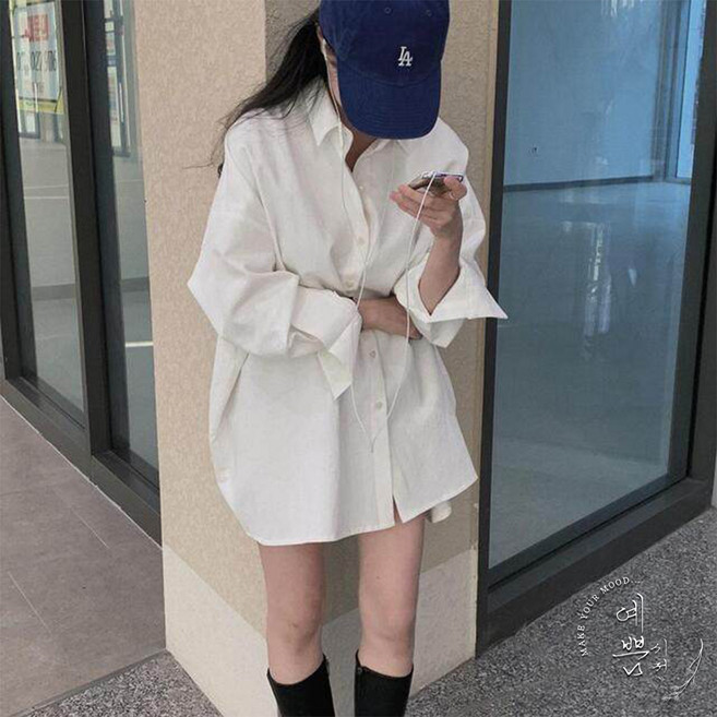 예쁨시전 꾸안꾸 데일리 체형커버 박시핏 하트 버튼 롱셔츠 원피스