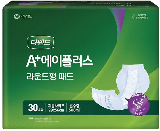 유한킴벌리 남녀공용 디펜드 속 기저귀 라운드형 성인기저귀/패드 대형, FREE(onesize), 30개입, 6개