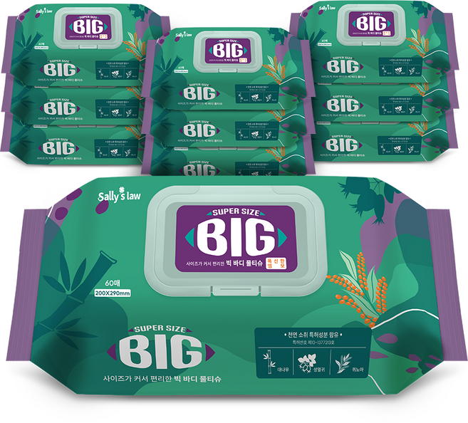 샐리의법칙 사이즈가 커서 편리한 슈퍼사이즈 빅 물티슈 엠보 200*290mm 60매, 60개입, 10개, 60g