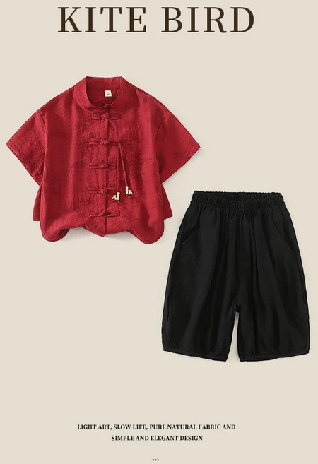 服飾 兒童套裝男童女童新中式漢服唐裝中大童幼稚園刺繡復古表演服碎花襯衫套裝
