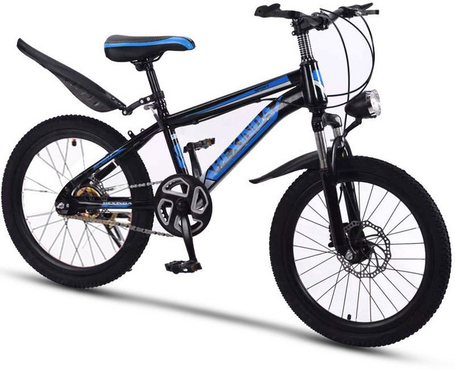 HXD 兒童自行車 變速山地自行車, 1個, 碟剎黑藍色單速+禮包+貨架+大燈18寸適合身高115-130厘米