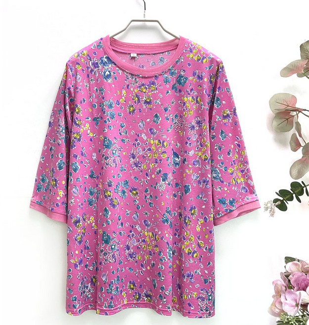 국민할매 할머니옷 여름 매쉬 꽃날림 7부 라운드 긴팔 티셔츠[BJS-25] 요양원옷