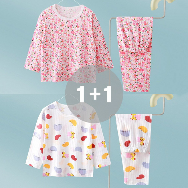 지디오 주니어 여아 내복 투피스 2개 세트 긴팔 긴바지 간절기 플라워 동물 패턴 얇은 잠옷