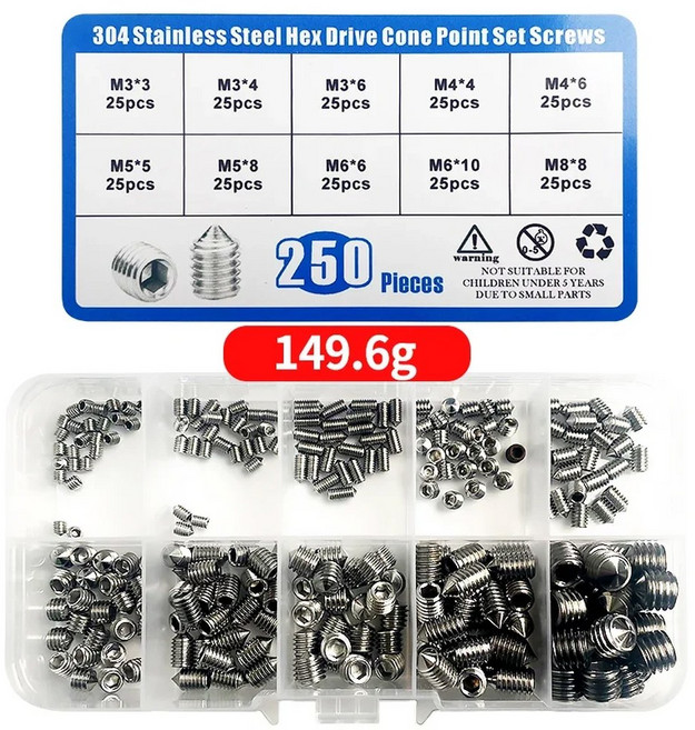 테이퍼 엔드 볼트 박스 세트 슬롯 소켓 스틸 250 그럽 스테인리스 M4 M5 M8 M3 나사 M6 포인트 육각, pointed, 10 BOXES
