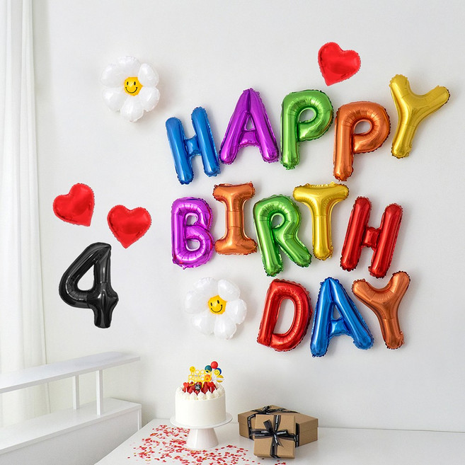 해피제이니 생일 레터링 호일풍선 숫자 하트풍선 데이지풍선 생일파티세트, 1세트, 레인보우 숫자4