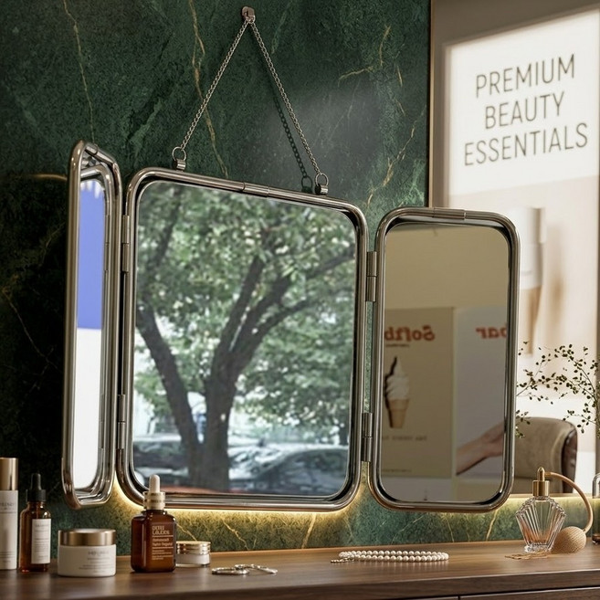 삼면경 3단 거울 화장대 욕실 접이식 빈티지 메이크업 스텐 벽걸이 미러, 실버 30x60cm