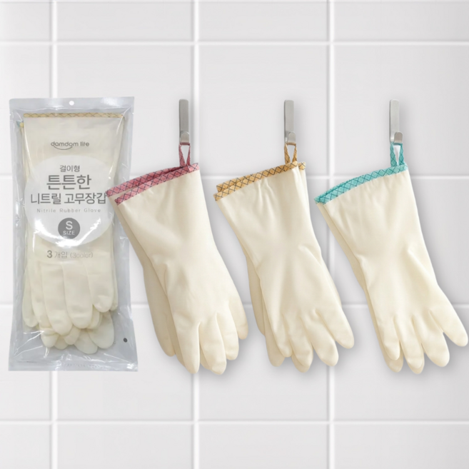 담담라이프 걸이형 튼튼한 니트릴 고무장갑 (32cm), 핑크/그린/노랑, S, 3개