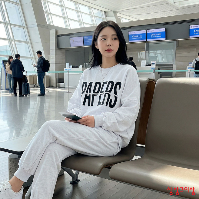 상상그이상 여성용 국내제작 간절기 페이퍼세트 레터링 맨투맨 밴딩 조거팬츠 편안한 간절기 트레이닝 세트