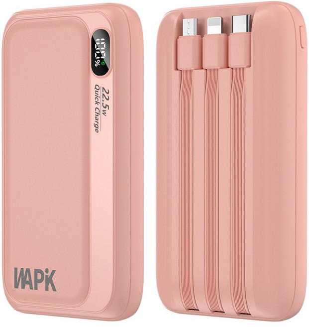 와피크 PD 22.5W 고속충전 일체형 보조배터리 M1 10000mAh 파워뱅크, 핑크
