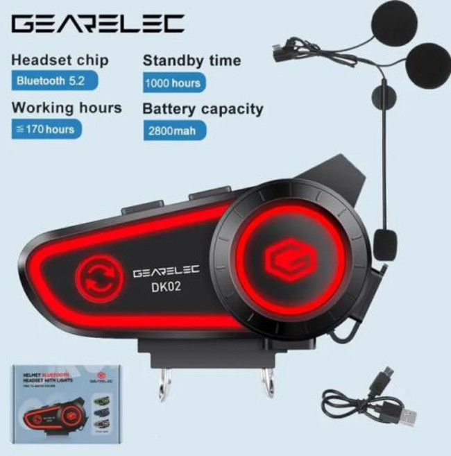 GEARELEC DK02 오토바이 헬멧 헤드셋 스테레오 블루투스 핸즈프리 통화 IPX7 방수 2800mAh (3 색 주변 조명 포함), 1) DK02
