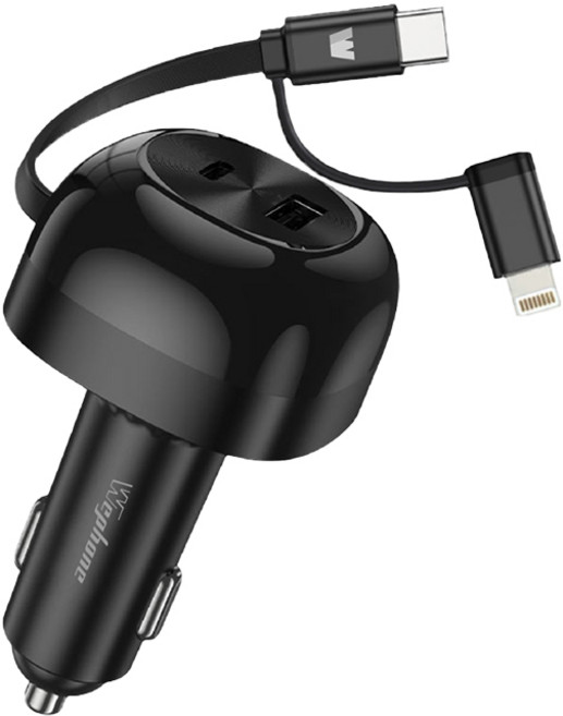 WePhone 60W 四合一車用充電器 雙孔 伸縮線設計 75cm自由拉伸 多設備同時充電 汽車充電器 車充 充電器, 黑色, 主商品