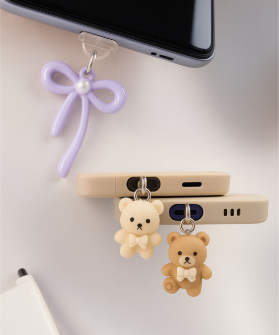 벨론 갤럭시 방진마개 충전단자 실리콘 라이트닝포트 휴대폰 먼지마개, 1세트, 갤럭시 C타입1 (베이지곰돌이,브라운곰돌이,리본) 구성
