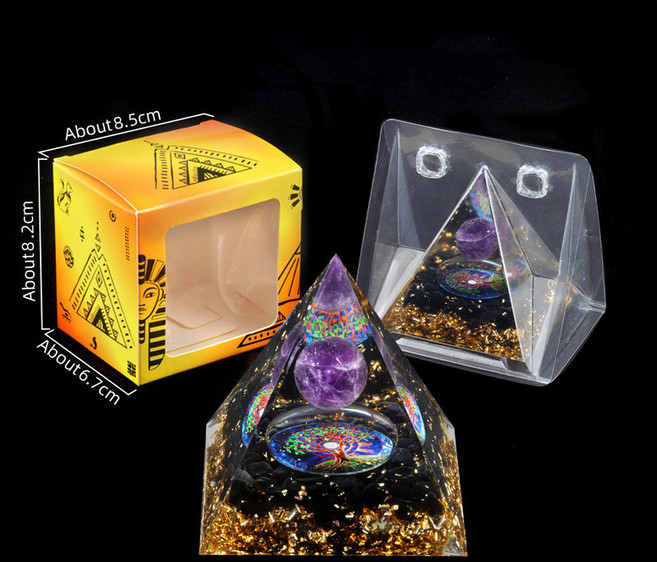 樹脂膠包裹水晶碎石金字塔擺件 家居小擺件 盒裝, 紫晶＋黑曜碎石