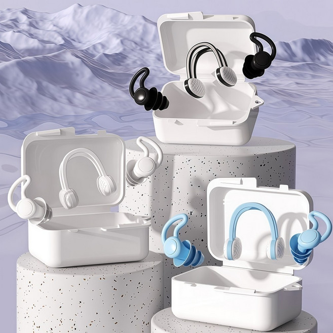 디브올 프리미엄 수영용품 실리콘 수영 귀마개 코마개 세트, 1세트, 블랙