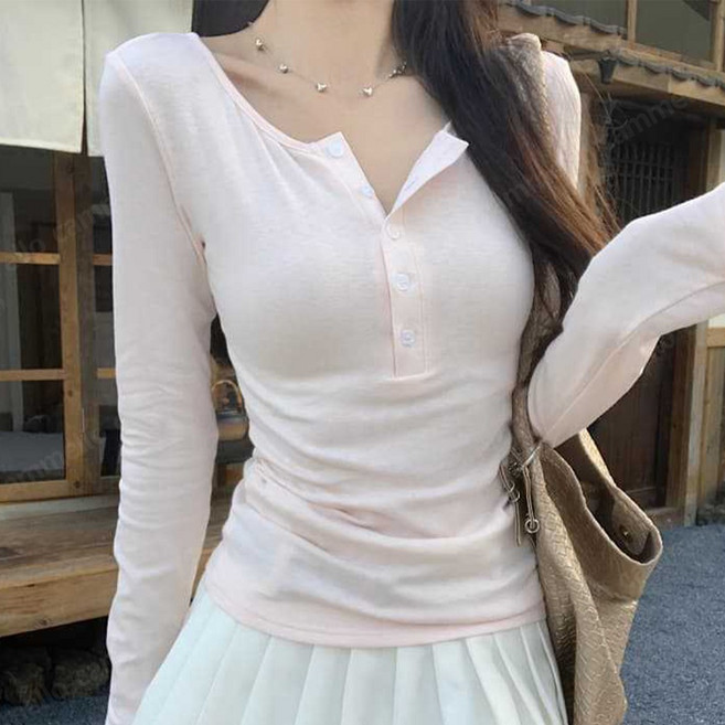 cammello 소프트컬러 슬림핏 버튼 헨리넥 긴팔 티셔츠 베이직 레이어드 긴팔티