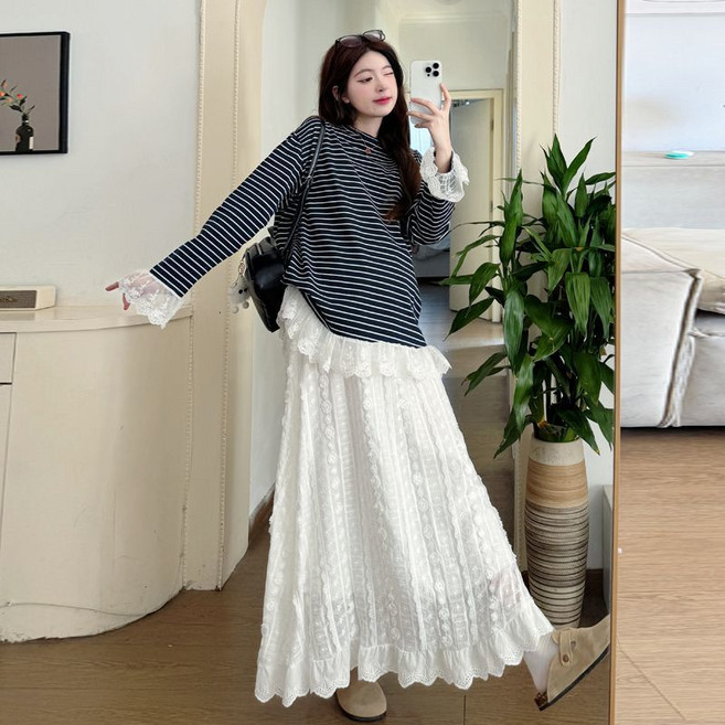 임산부 스커트 투피스 세트 봄 가을 임부 긴팔 스트라이프 티셔츠 + 레이스 롱 스커트 코디 데일리룩 JS