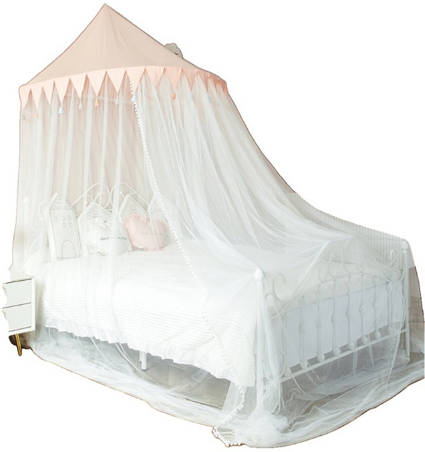 공주침대 공주 모기장 슈퍼싱글 침대 텐트형 모기장, 핑크폼폼, 1.2m침대