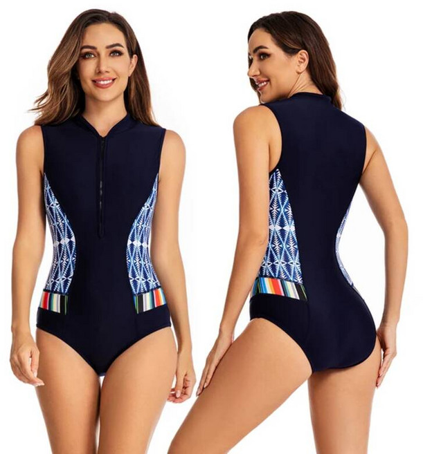 여성 집업 여자 래쉬가드 브라탑 지퍼 프론트 원피스 래쉬 가드 서핑 스포츠 수영복 민소매 비치웨어 Sunsuit 프린트 바디슈트