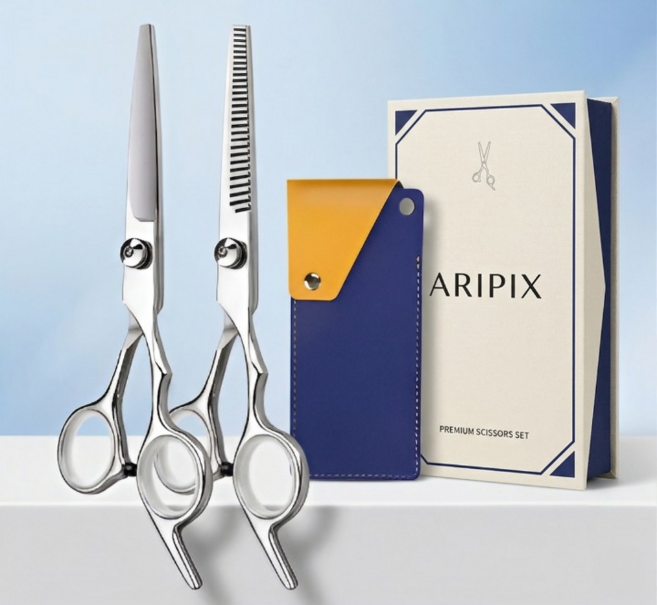 아리픽스 프리미엄 미용가위세트 셀프커트 숱가위 가정용 가죽케이스 빗 헤어집게, 1개, 실버 2종 기본세트