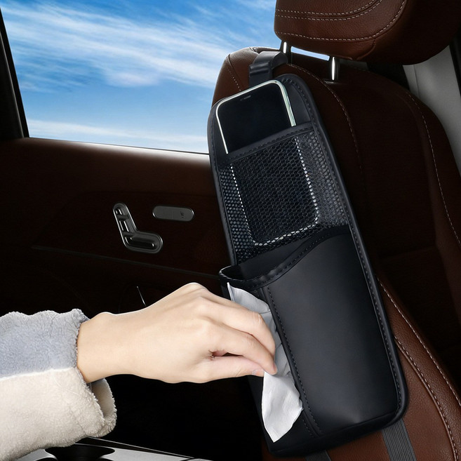 시트 사이드 포켓 시트 측면 수납포켓 텀블러 티슈 홀더 포켓 걸이포켓 가죽, 블랙, 1개