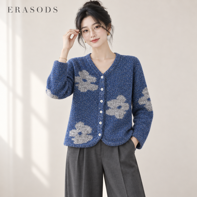 10위 - ERASODS 캐시미어100% 여성 브이넥 꽃무늬 가디건 -5713