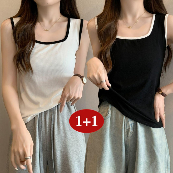 Asure 1+1 여름 여성 스퀘어넥 나시 빅사이즈 캐주얼 민소매나시