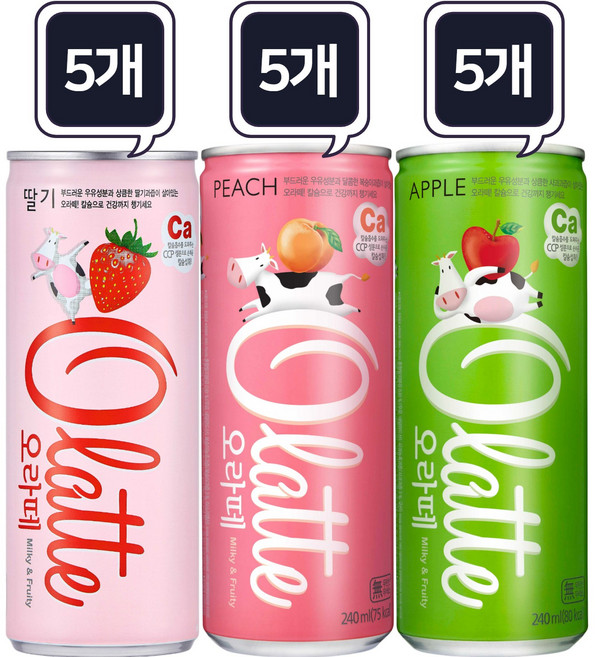 동아 오라떼 캔음료 3종 각 5개씩 혼합세트 (딸기+피치+애플), 250ml, 15개