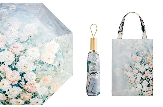 마마미아 여성용 UV 자외선 99.99% 차단 UPF>50+ 3단 고급 양면 암막 유화 플라워 양우산 + 파우치 + 선물박스포장