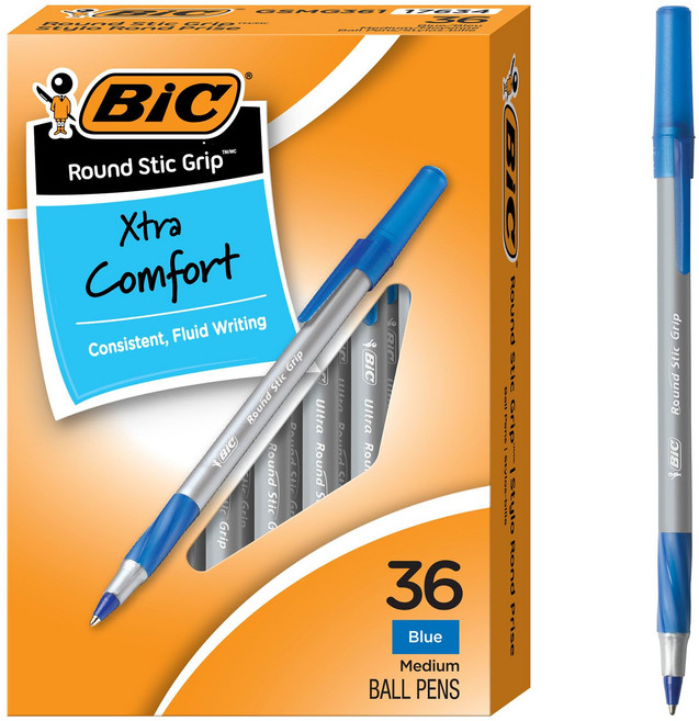 빅 라운드 스틱 그립 엑스트라 컴포트 블루 볼펜 중간 심 BIC Round Stic Grip Xtra Comfort Blue Ballpoint Pens Medium Point, 1개