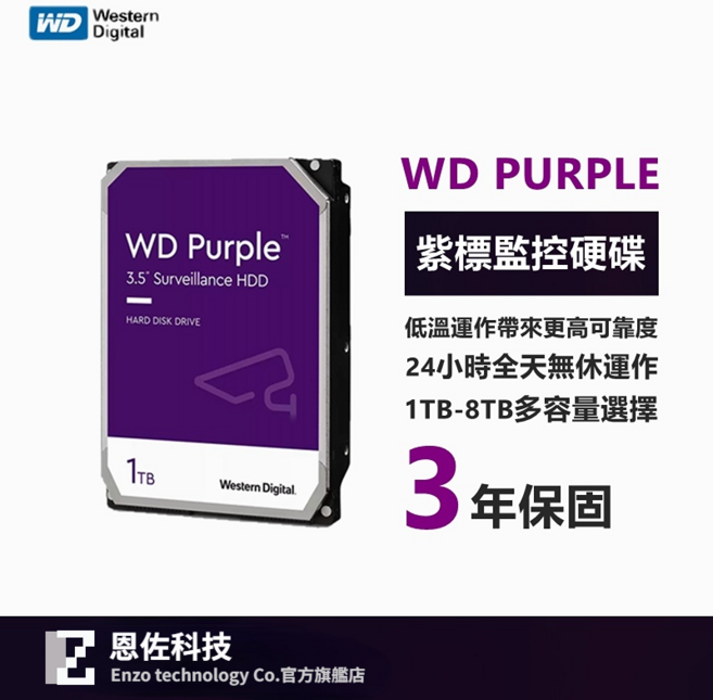 Western Digital WD Purple 監控硬碟 3.5英寸 SATA接口, 紫標 2TB, 2TB