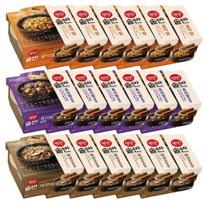 햇반솥반 꿀약밥X6개+흑미밤찰밥X6개+버섯영양밥x6개, 18개, 210g