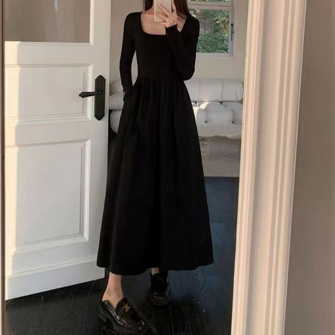 아이엠몽 여성 프렌치 스퀘어넥 긴팔 라인 롱 원피스